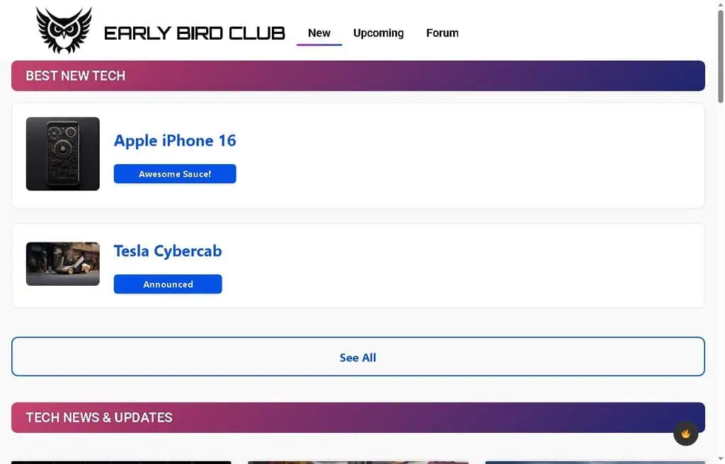 Early Bird Club homepage curating the best new tech products and upcoming launches