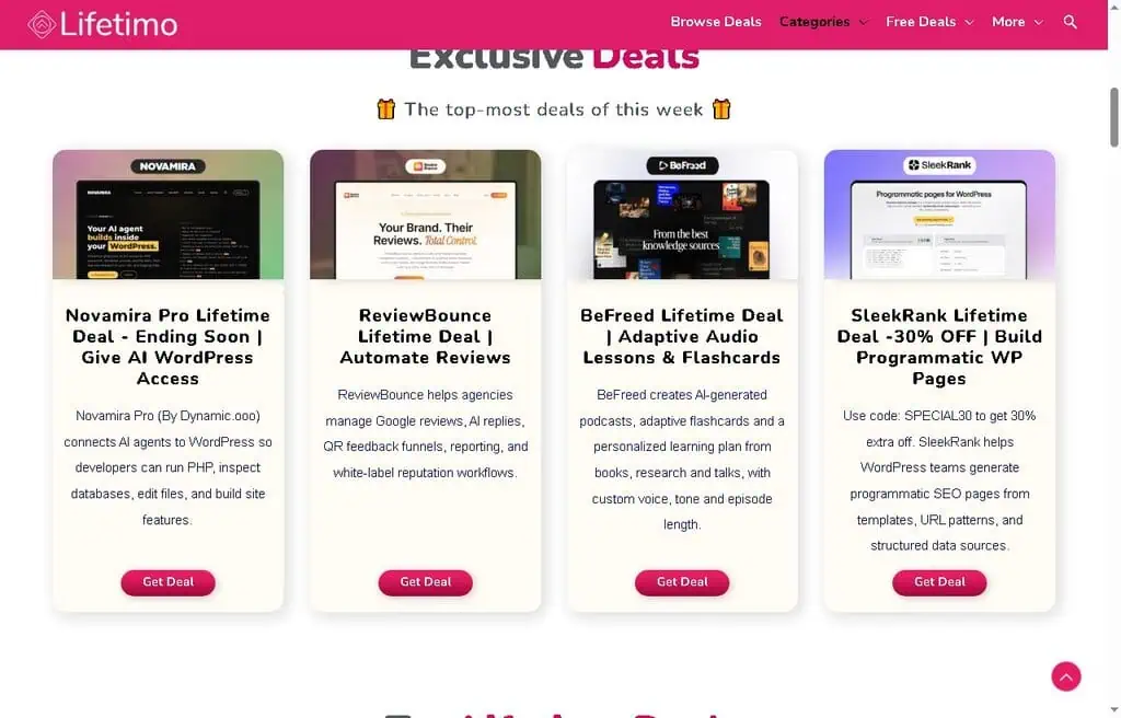 Lifetimo curated lifetime deals grid aggregating offers from 35+ deal sources