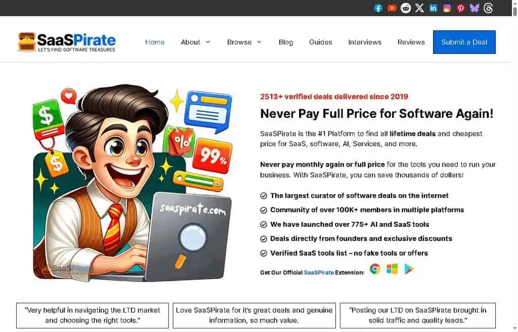 SaaSPirate homepage with 2,500+ verified lifetime software deals since 2019
