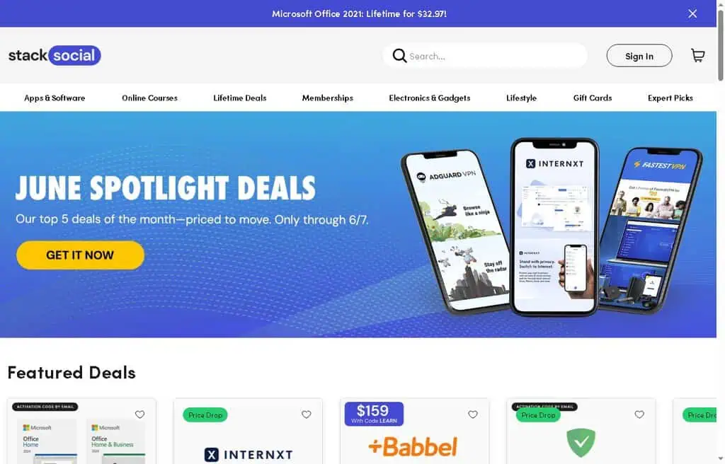 StackSocial homepage showing tech deals, lifetime software, and online course bundles