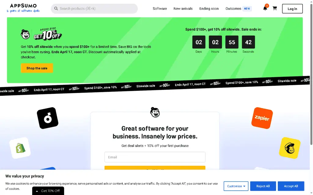 AppSumo homepage showing sitewide 10% off promo and 16 years of software deals