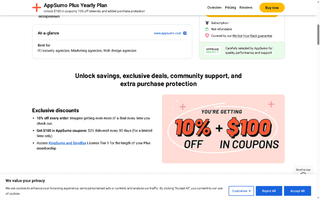 AppSumo Plus member benefits showing 10% off every order and $100 in quarterly coupons