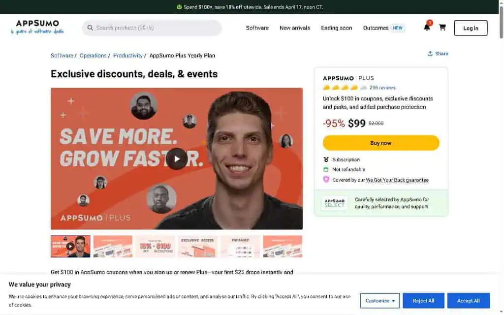 AppSumo Plus membership pricing at $99 per year with 10% discount and coupon benefits