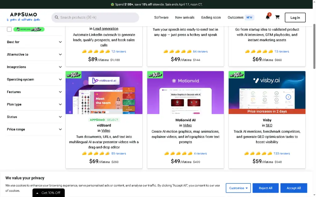 AppSumo software catalog showing 50 to 80 lifetime deals rotating at any given time