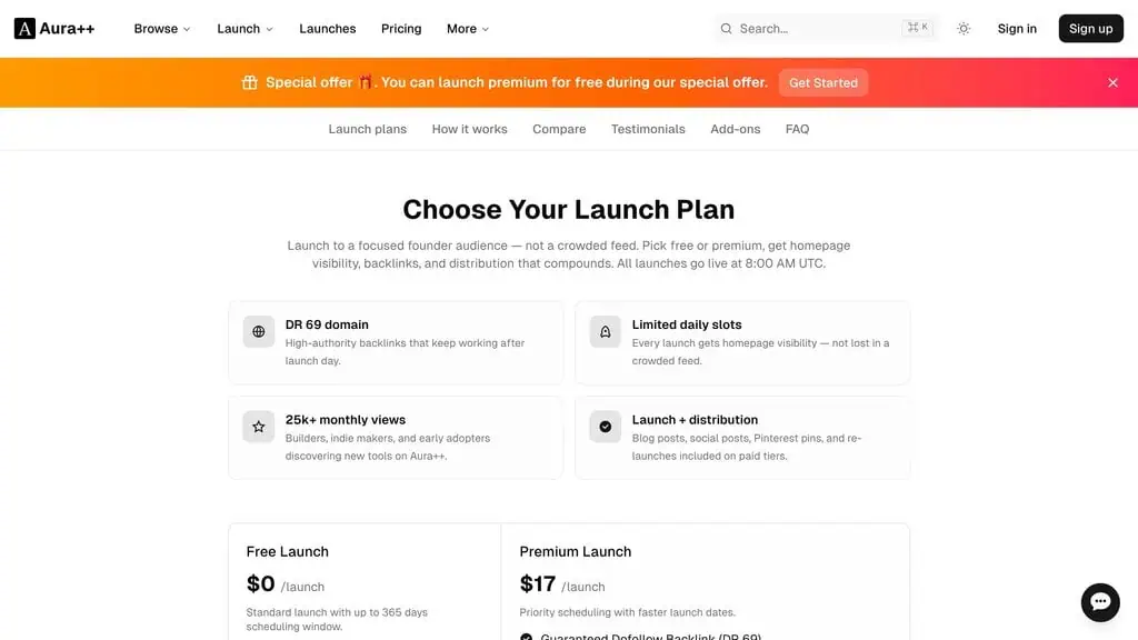 auraplusplus.com pricing page showing Free, Premium, and Premium Plus launch tiers