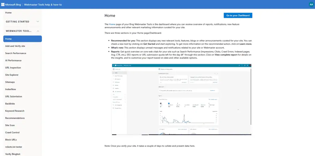 Bing Webmaster Tools showing keyword data, crawl errors, and sitemap status