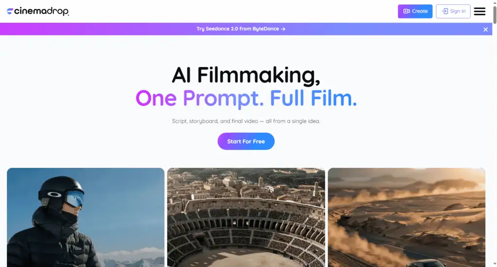 CinemaDrop AI filmmaking studio homepage showing script to storyboard to video workflow