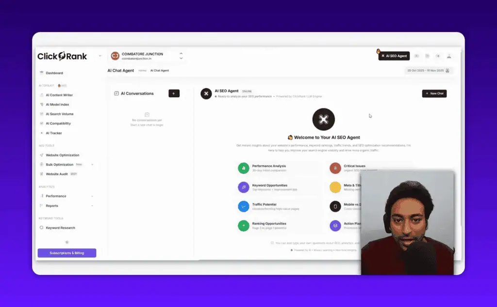 ClickRank AI agent conversational interface welcome screen for SEO data queries