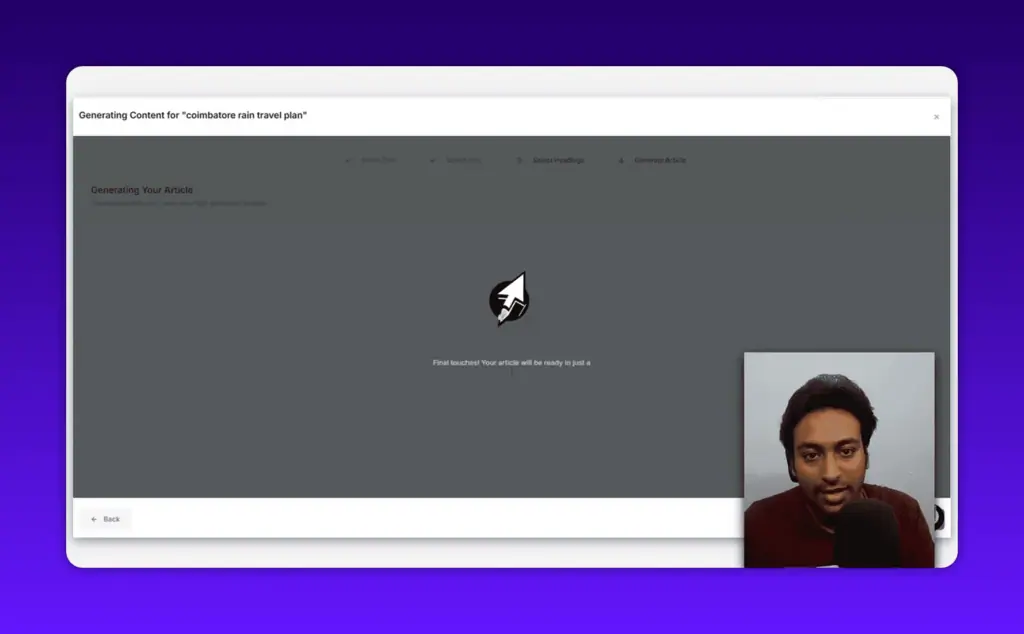 ClickRank AI article writer generating content in the loading state