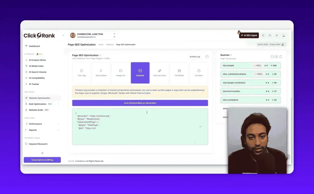 ClickRank AI auto-generated schema markup JSON-LD preview for structured data