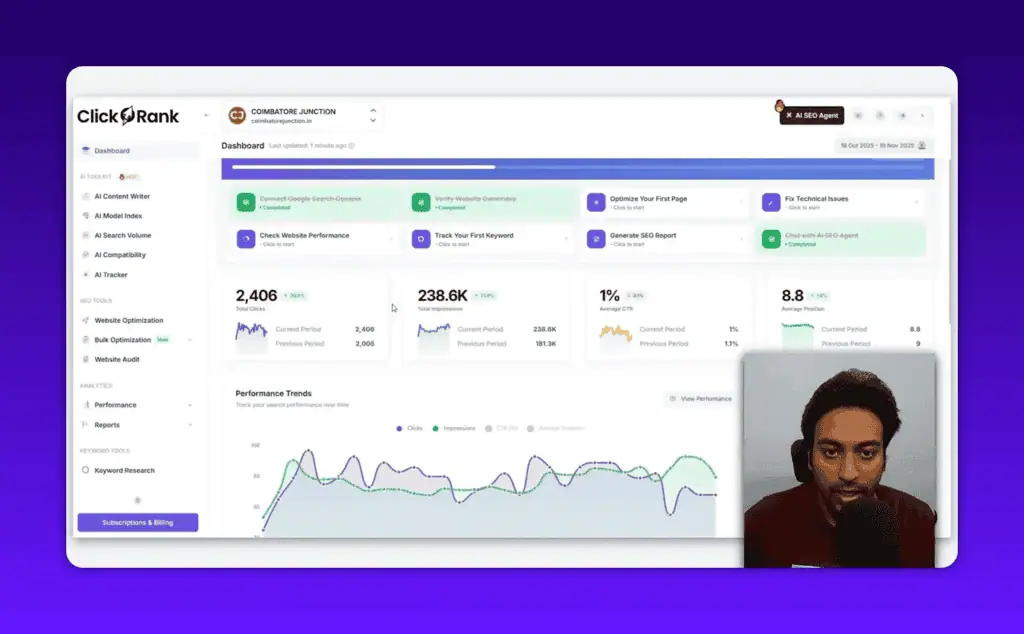 ClickRank AI SEO dashboard showing clicks, impressions, CTR and performance trends