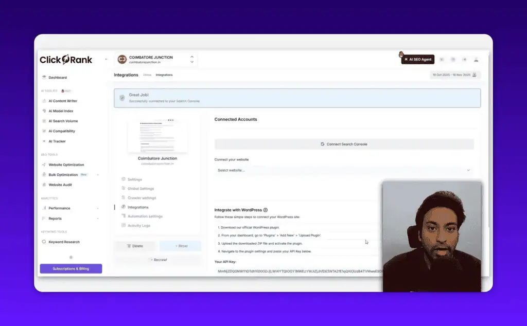 ClickRank AI successfully connected to Google Search Console showing website integration