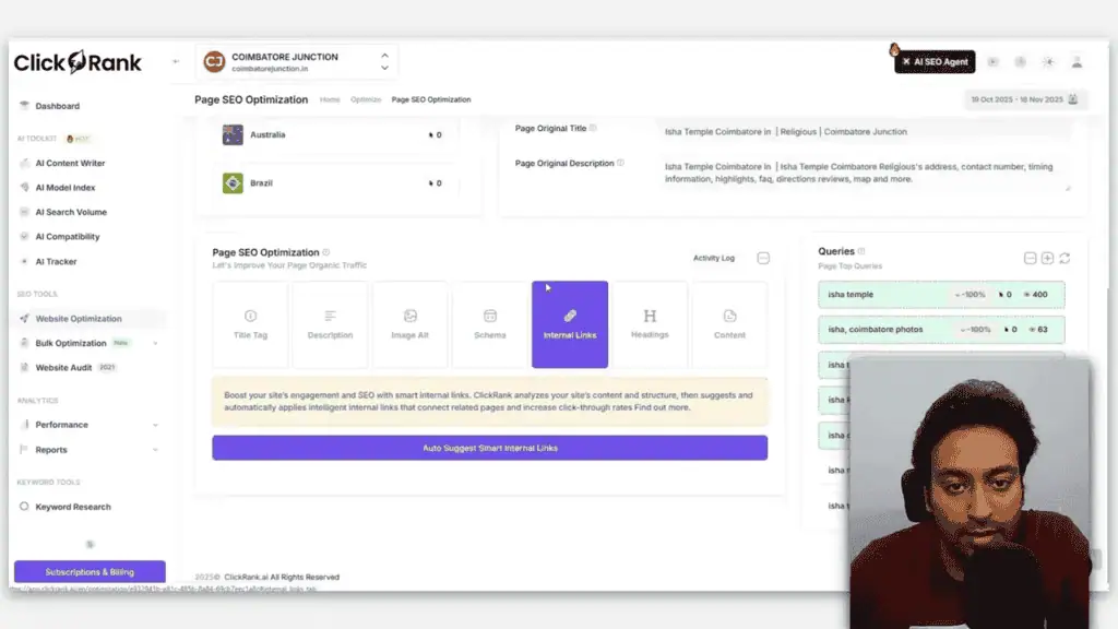 ClickRank AI internal linking panel showing automatic link suggestions for pages