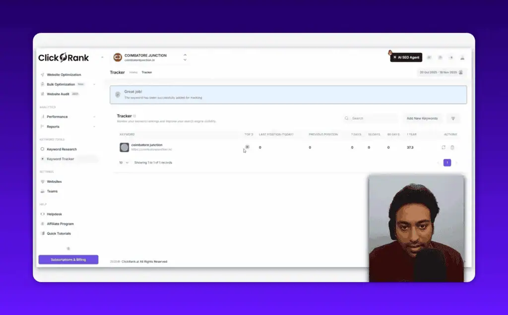 ClickRank AI keyword tracker showing ranking positions and Search Console data