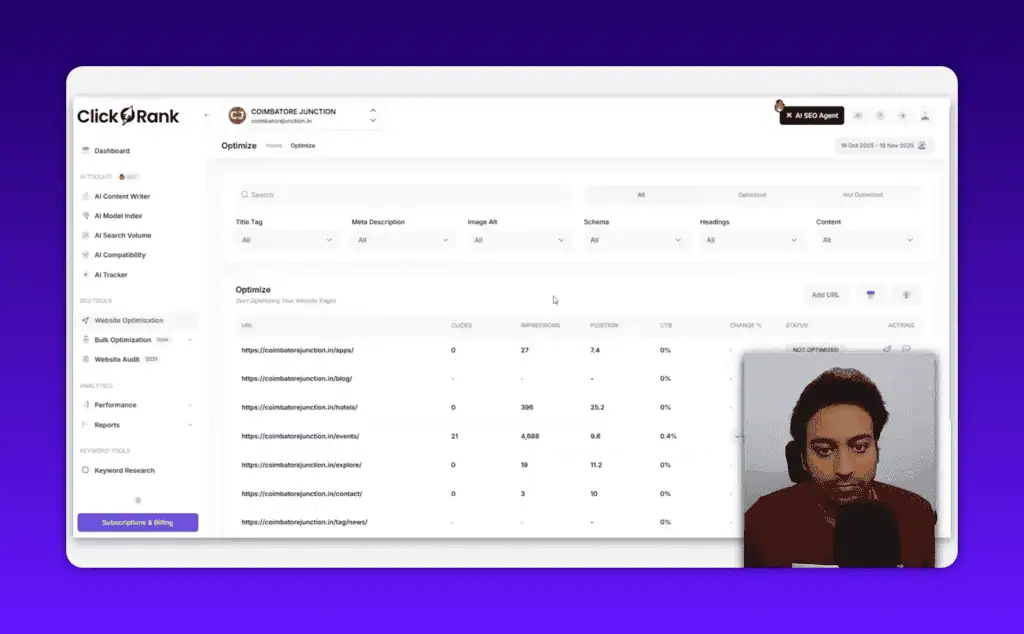 ClickRank AI page optimization dashboard with auto title suggestions and CTR forecast