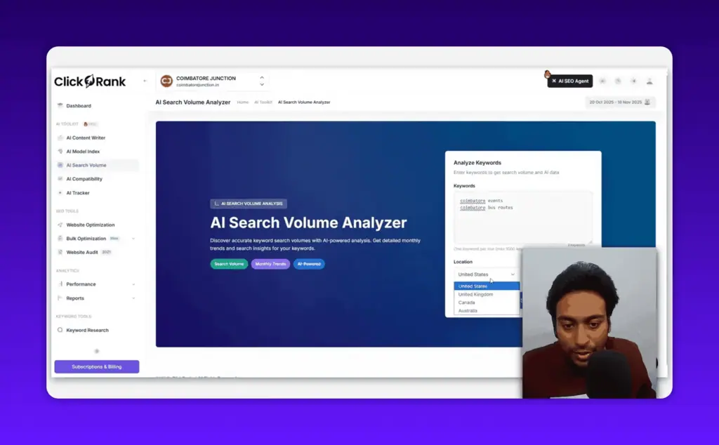 ClickRank AI search volume analyzer with location dropdown for US UK Canada Australia