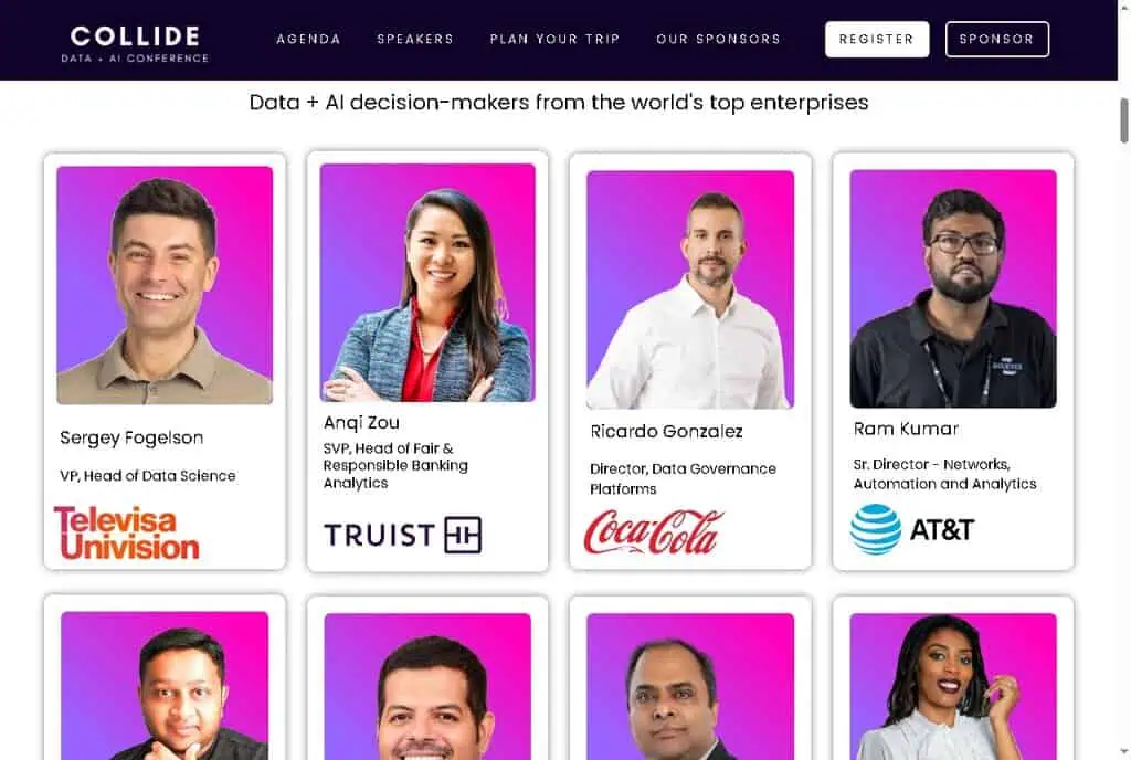 COLLIDE 2026 featured speakers grid showing data and AI leaders from top enterprises