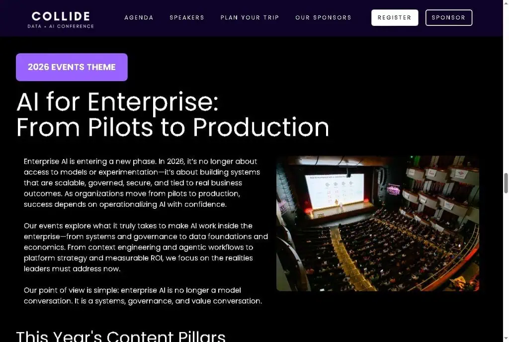 COLLIDE 2026 theme section, AI for Enterprise From Pilots to Production, on operationalizing enterprise AI