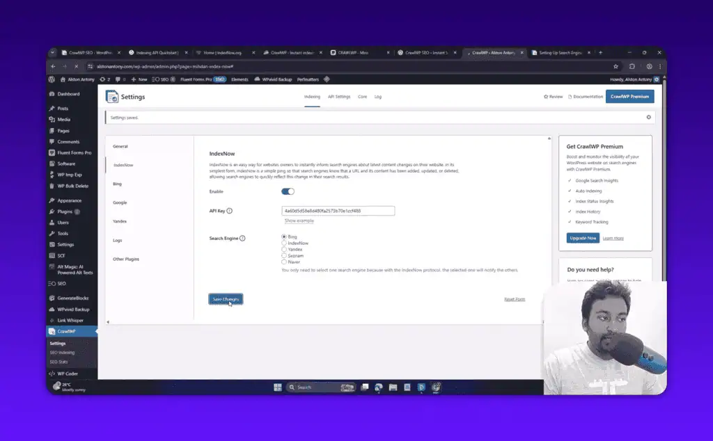 CrawlWP IndexNow settings with API key configuration screen