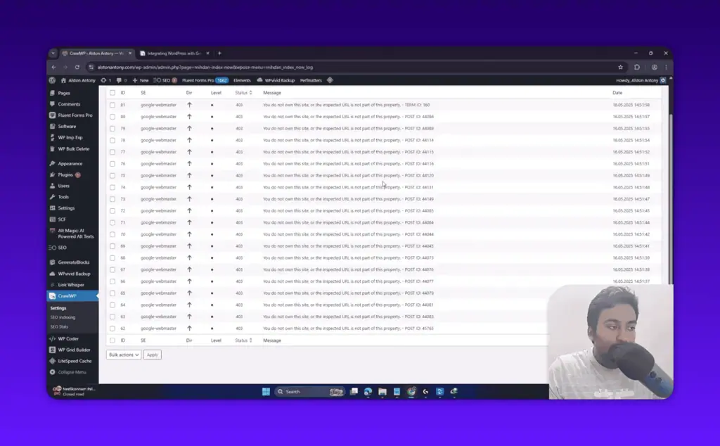 CrawlWP log showing 403 permission errors from Google webmaster API