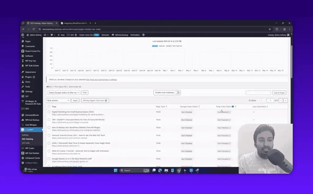 CrawlWP SEO Indexing dashboard showing page indexing status interface