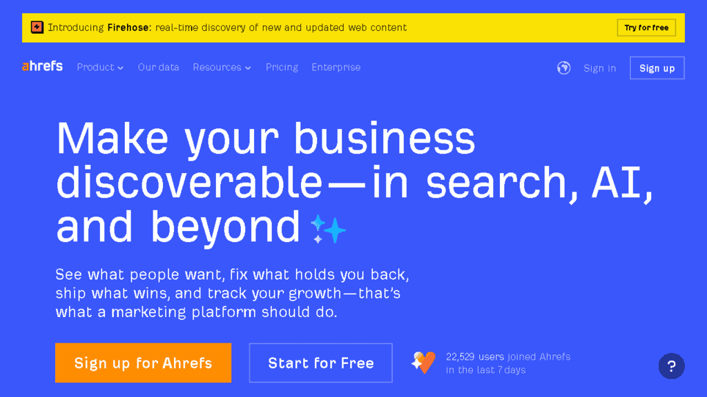 Ahrefs Site Explorer showing domain rating, backlink count, and organic keyword data