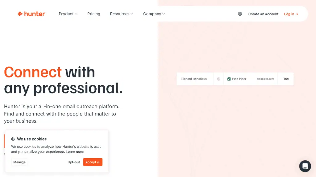 Hunter.io email finder showing contact information and domain email patterns for outreach