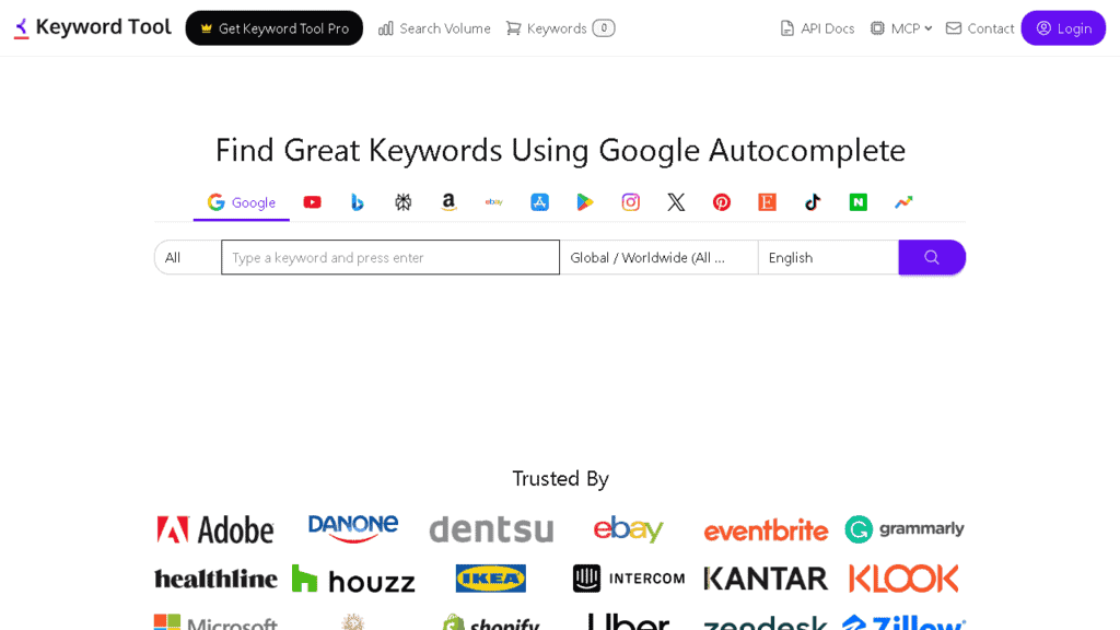 KeywordTool.io showing Google Autocomplete keyword suggestions organized by search intent