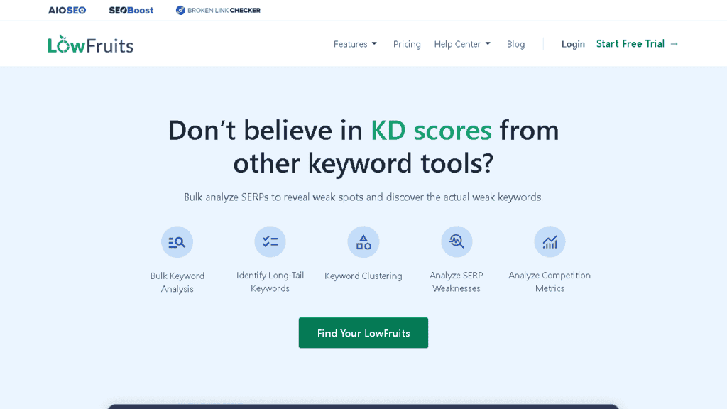 LowFruits keyword research tool showing low-competition keyword opportunities with weak spots highlighted