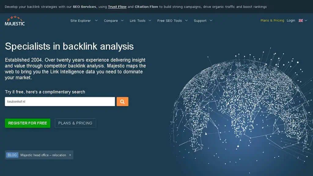 Majestic SEO backlink analysis showing Trust Flow, Citation Flow, and referring domain data