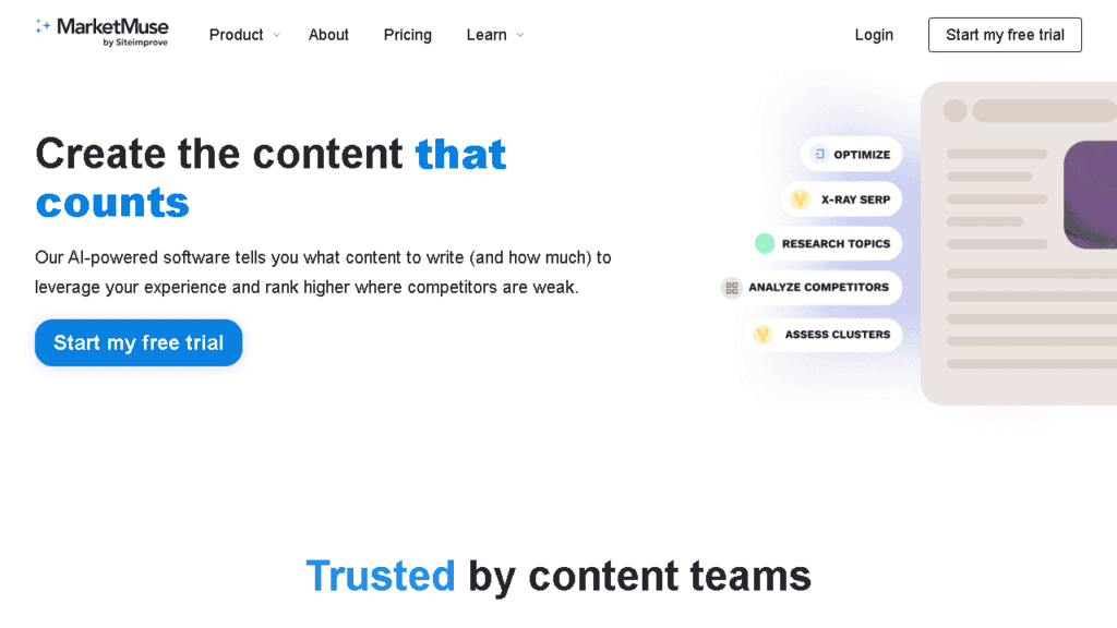MarketMuse content planning tool showing topic authority score and content gap analysis