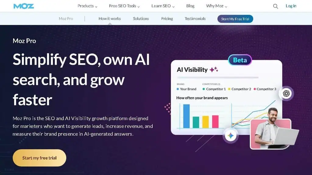 Moz Domain Authority checker showing DA score and link metrics for SEO benchmarking