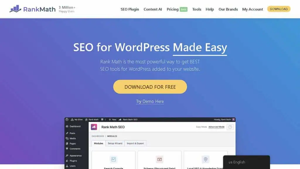 Rank Math WordPress SEO plugin showing on-page SEO score and optimization suggestions