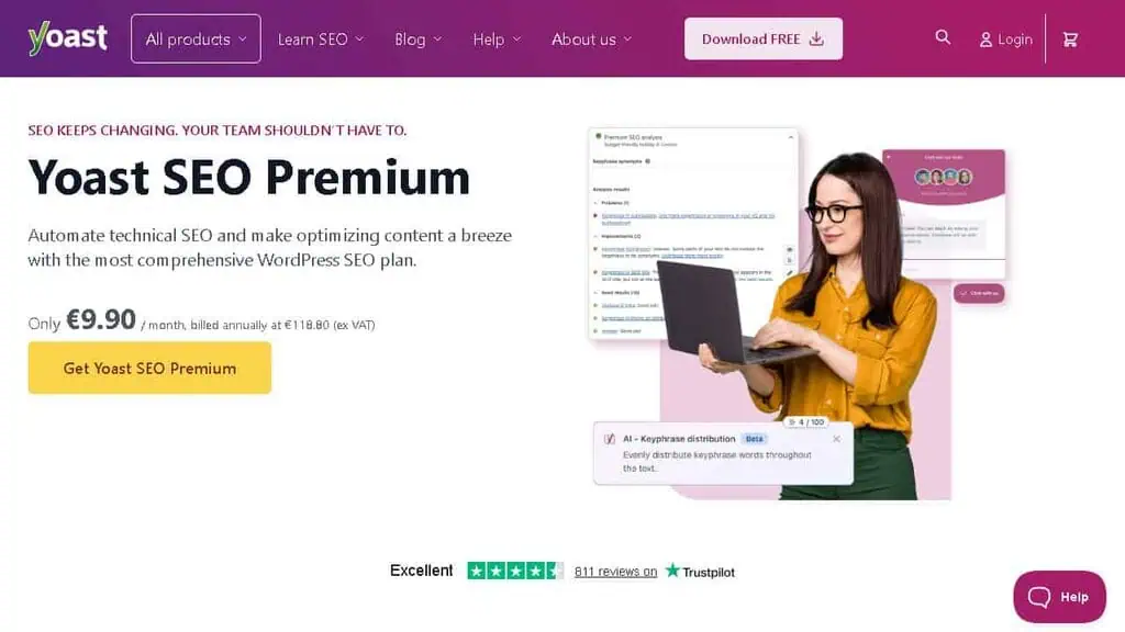 Yoast SEO WordPress plugin showing readability analysis and SEO score with green traffic lights