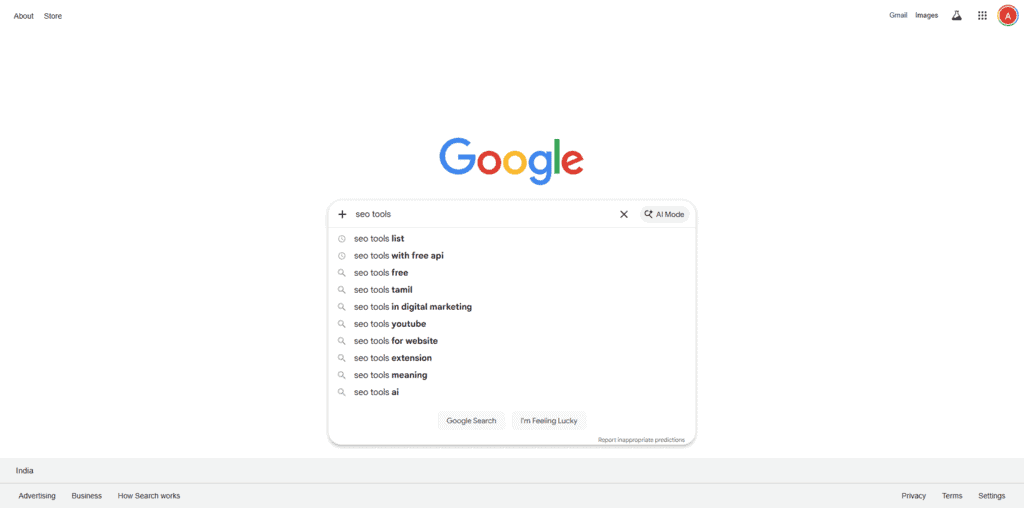 Google Autocomplete showing search suggestions for SEO keyword research