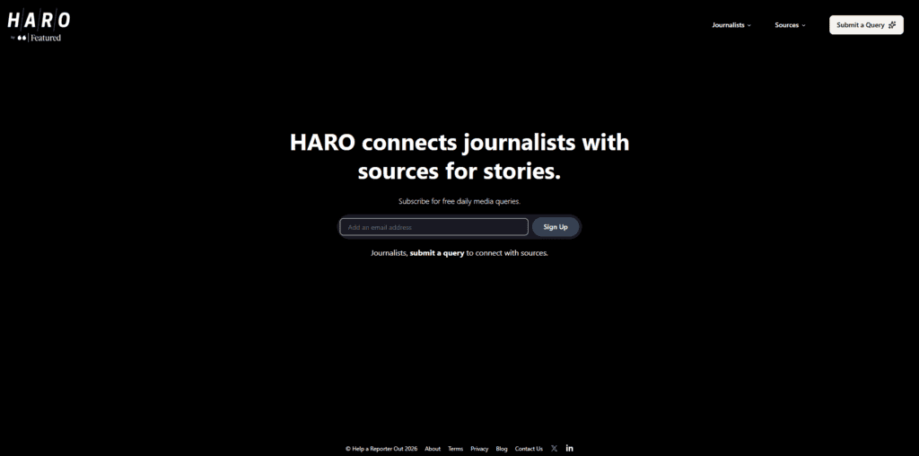 HARO Connectively showing journalist query categories for link building outreach