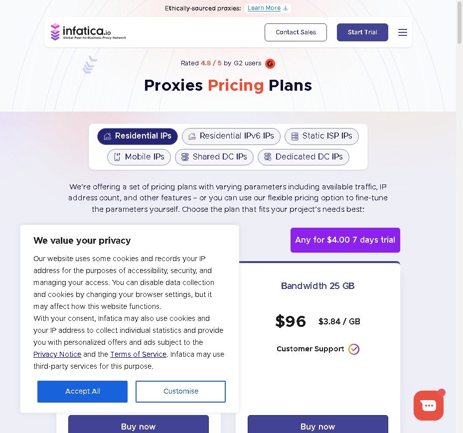 Infatica proxy pricing plans showing residential datacenter mobile and ISP proxy tiers with pay-as-you-go options