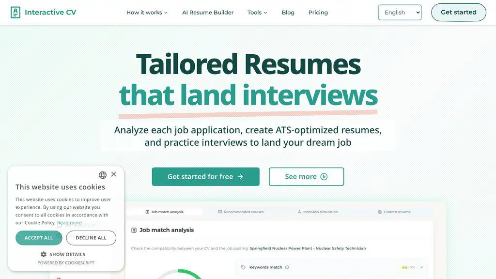 InteractiveCV homepage showing the tailored resumes headline and get started free call to action