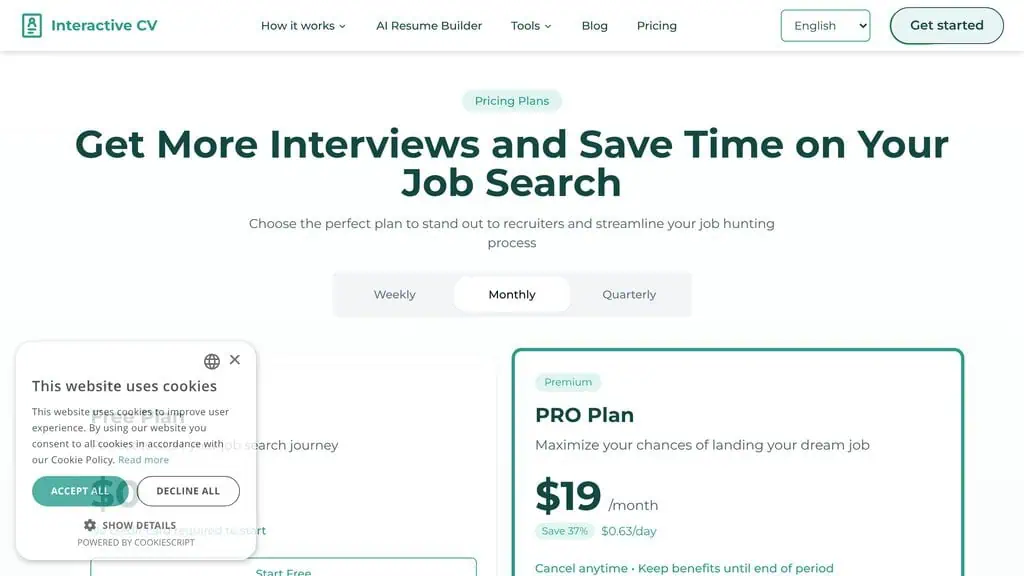 InteractiveCV pricing page comparing the free plan and the PRO plan at $19 per month