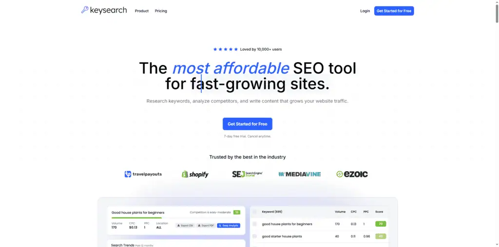 KeySearch keyword research dashboard showing difficulty scores and volume data