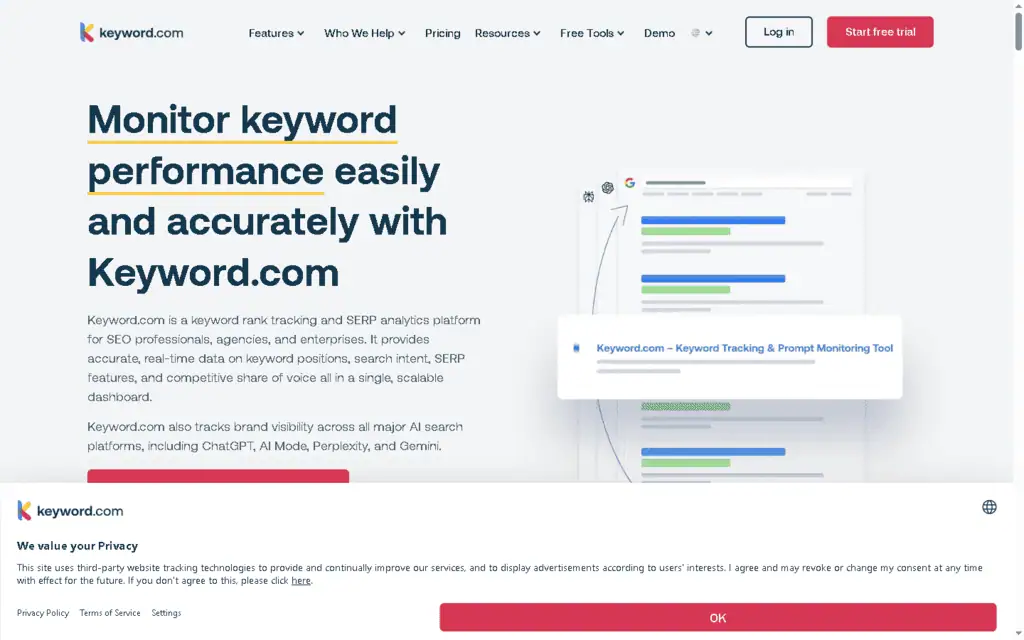 keyword.com rank tracker showing daily position data at minimal cost
