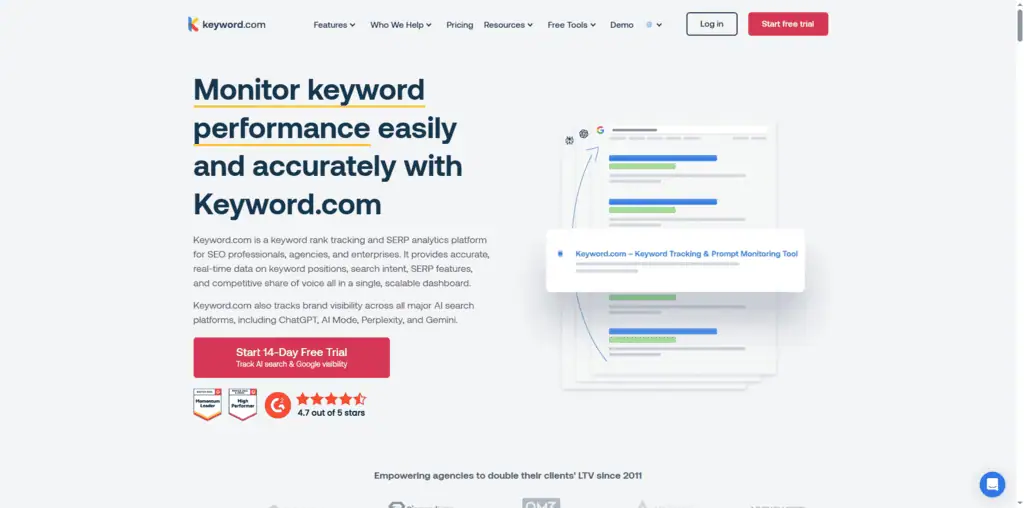 Keyword.com rank tracking dashboard showing daily position changes