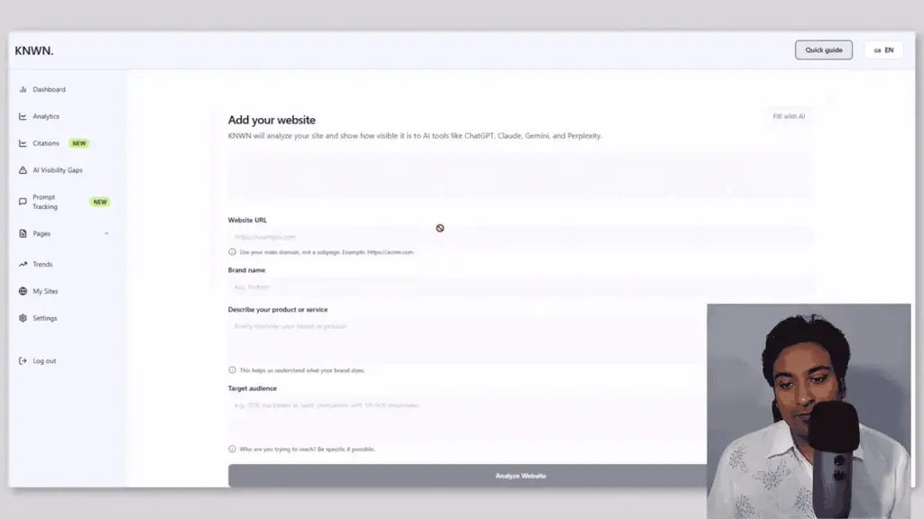 Knwn setup wizard asking for website URL, brand name, and target audience description