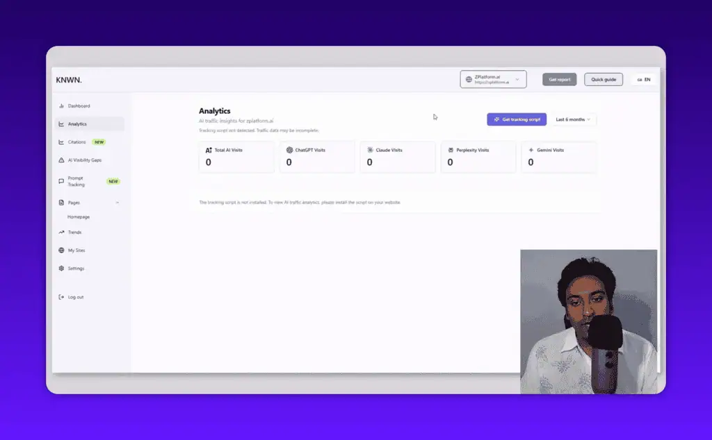 Knwn analytics section showing tracking script setup for AI traffic from ChatGPT and Gemini