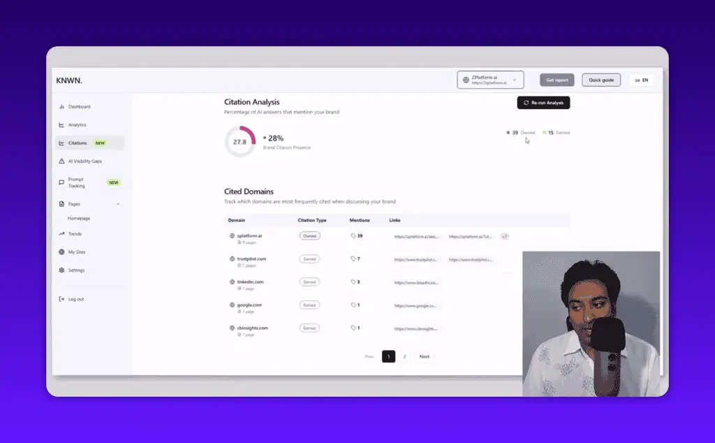 Knwn citation analysis showing 28 percent brand mention rate across AI models