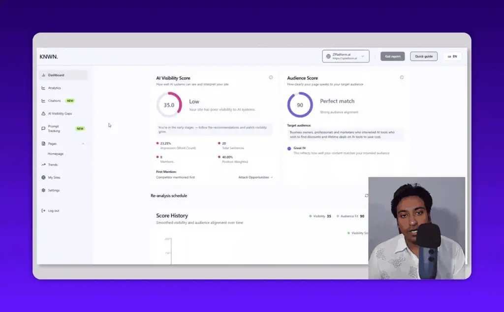 Knwn dashboard showing AI visibility and audience score side by side