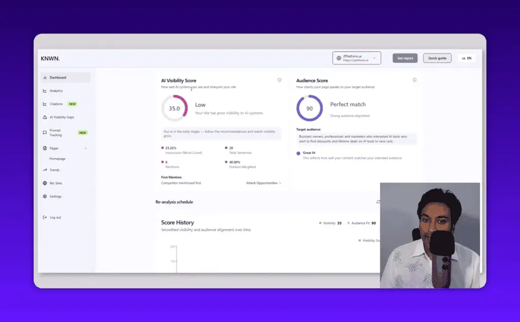 Knwn dashboard showing AI visibility score and audience score overview