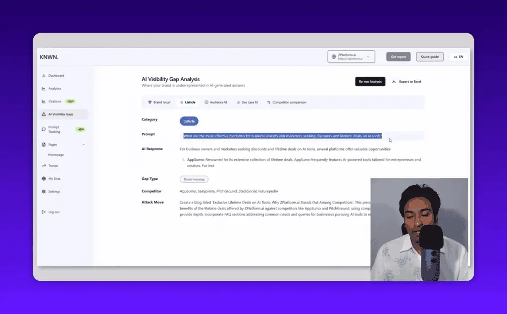 Knwn listicle content prompt showing actual AI query used for brand visibility analysis