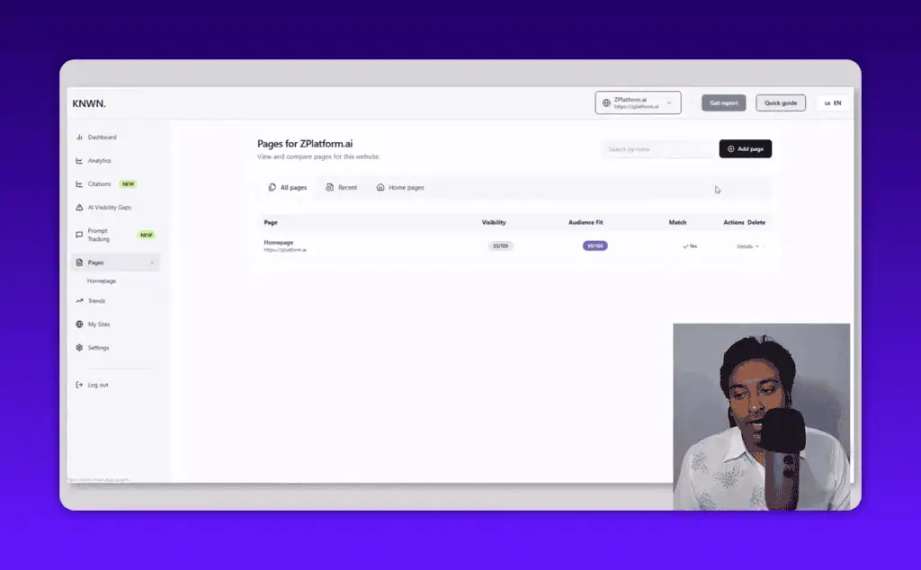 Knwn pages section showing individual page visibility and audience fit scores