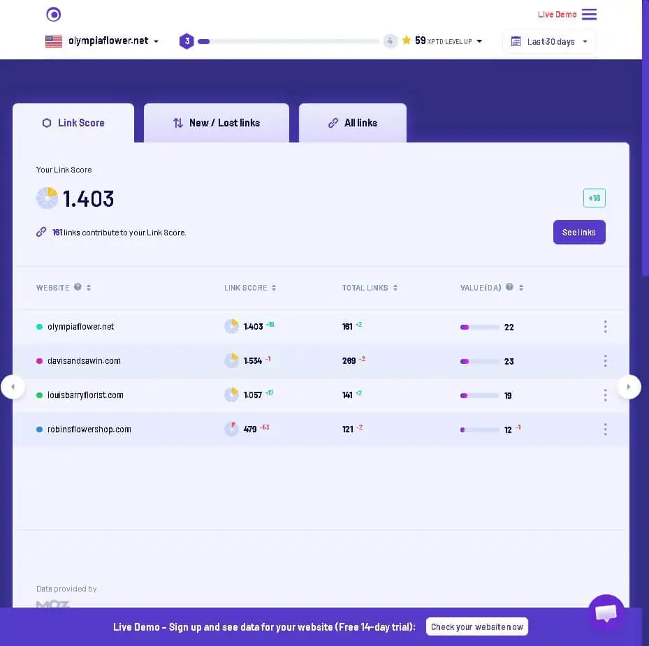 Morningscore Link Score section showing backlink profile with gamified score and new/lost link monitoring